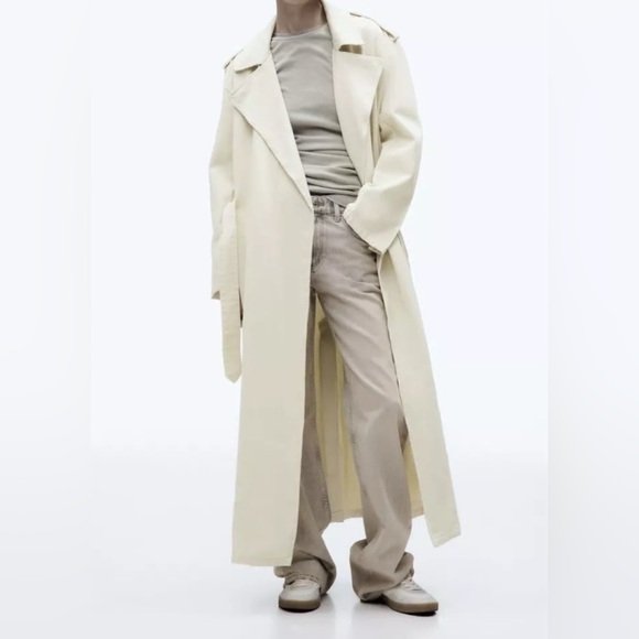 Zara Other - Zara Oversized Cream/Ecru Distressed Tie Waist Belted Cotton Trench Coat, NWT XS
